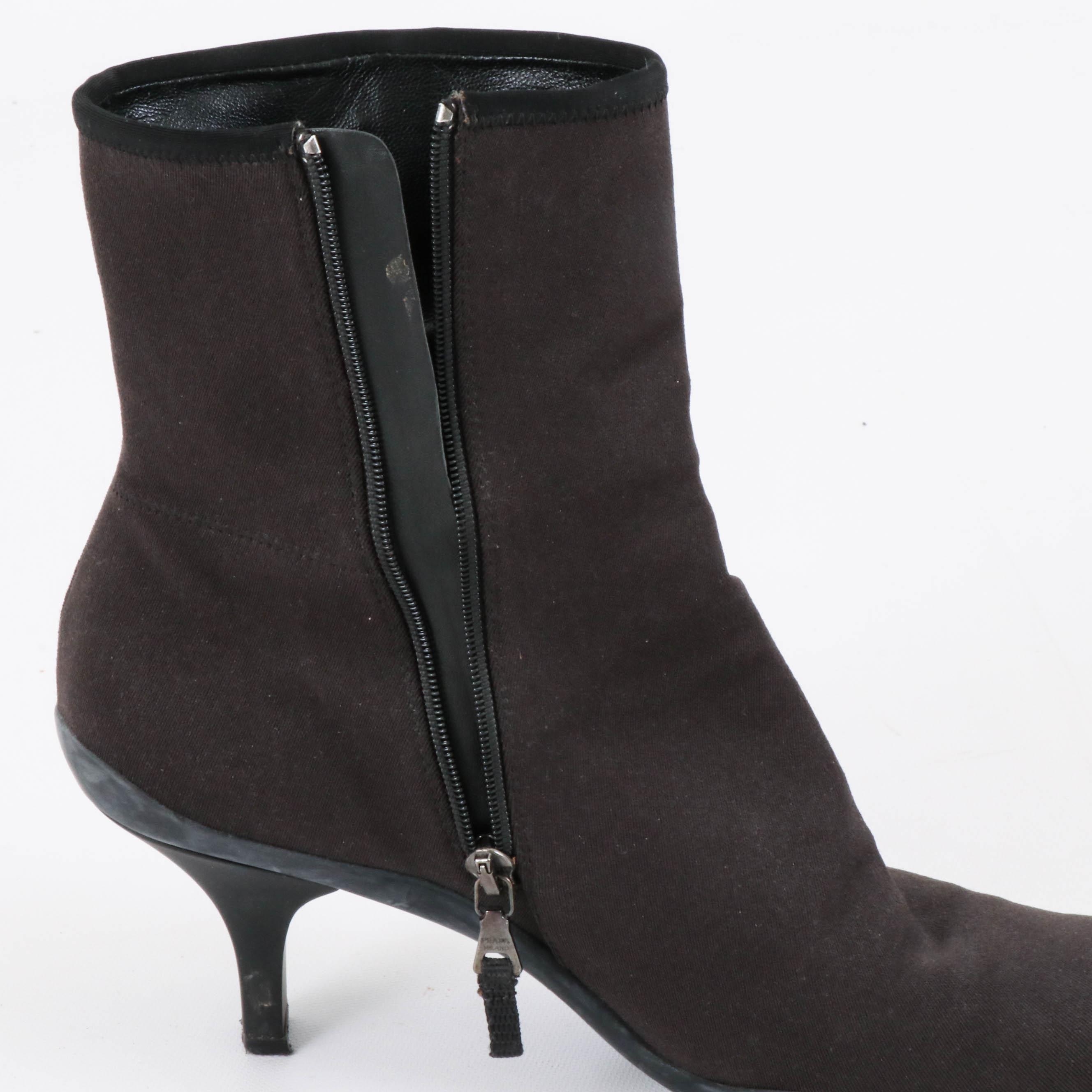 Prada Dark Brown Zip-Up Ankle Boots with Black Trim