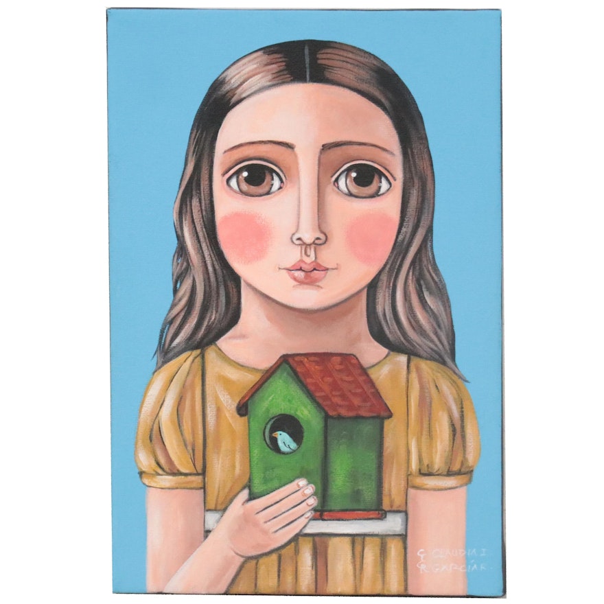 Claudia García Folk Art Acrylic Painting of Girl with Birdhouse, 21st Century