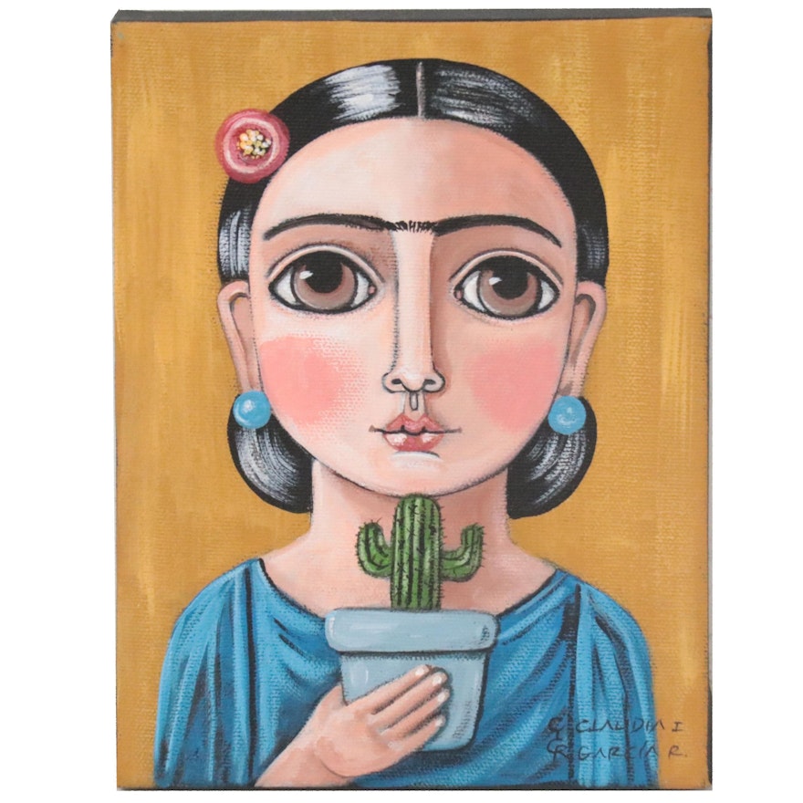 Claudia Garcia Folk Art Acrylic Portrait, 21st Century