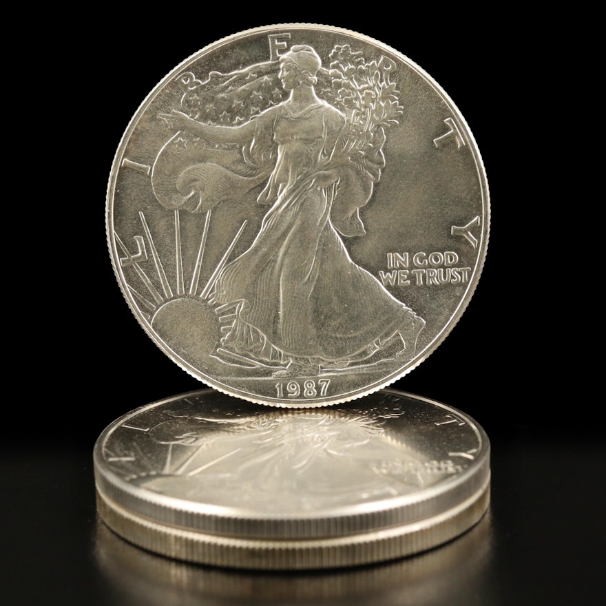 Three American Silver Eagle Bullion Coins, 1987–1988