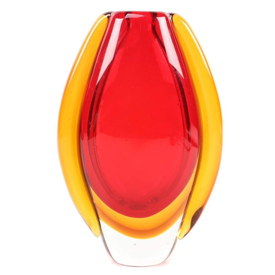 Murano Sommerso Amber and Red Art Glass Vase