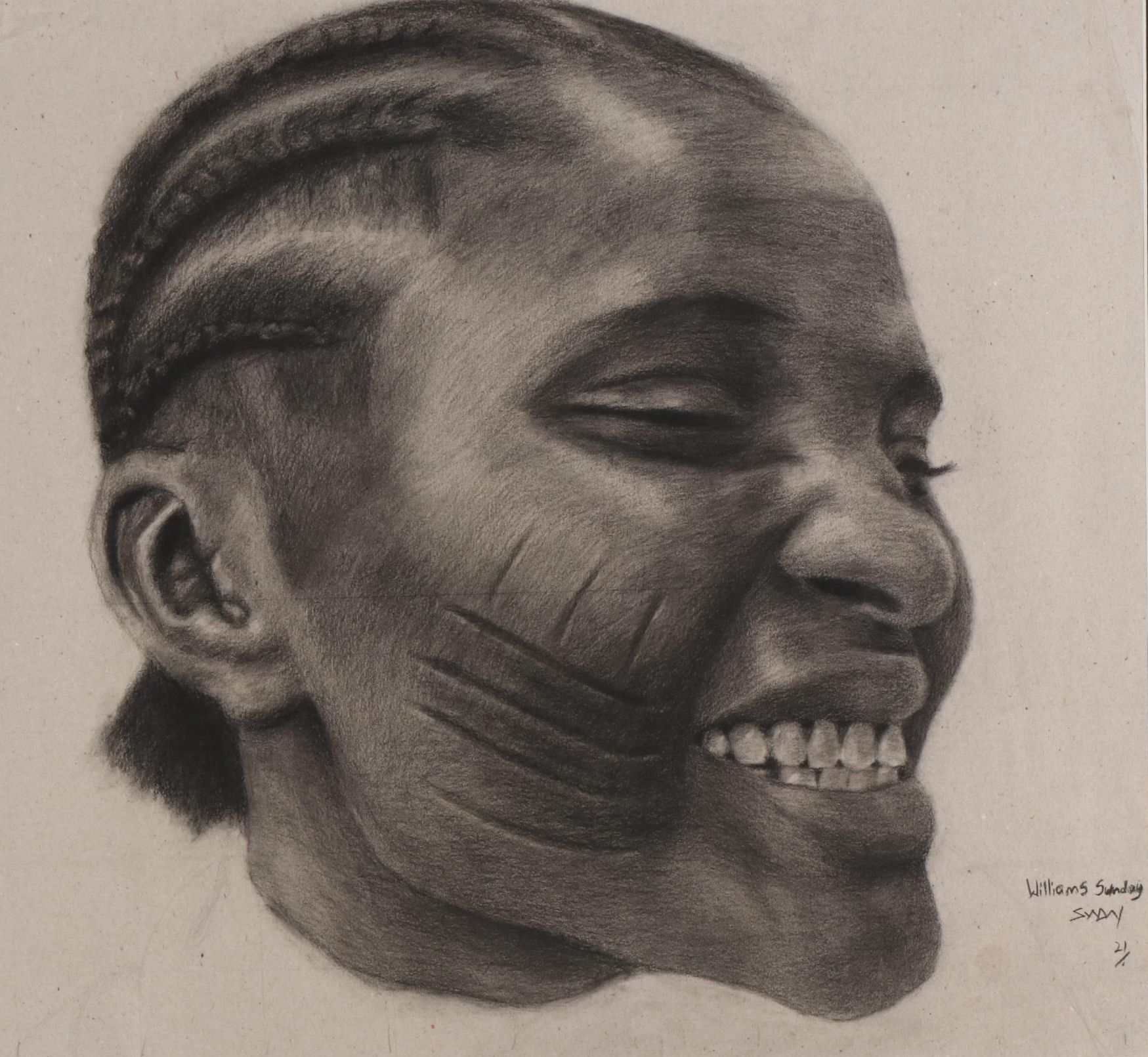 Williams Sunday Portrait Charcoal Drawing of Child with Scarred Cheeks, 2021