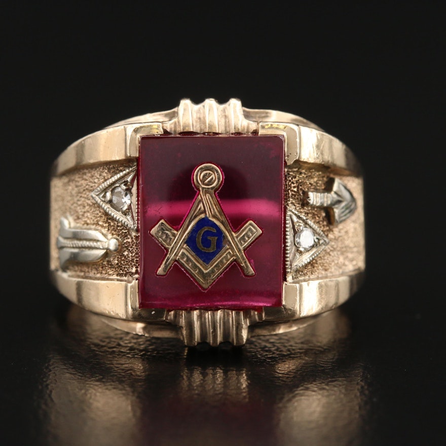 Vintage 10K Ruby and Diamond Masonic Ring