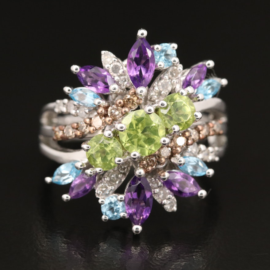 Sterling Silver Diamond and Gemstone Cluster Ring