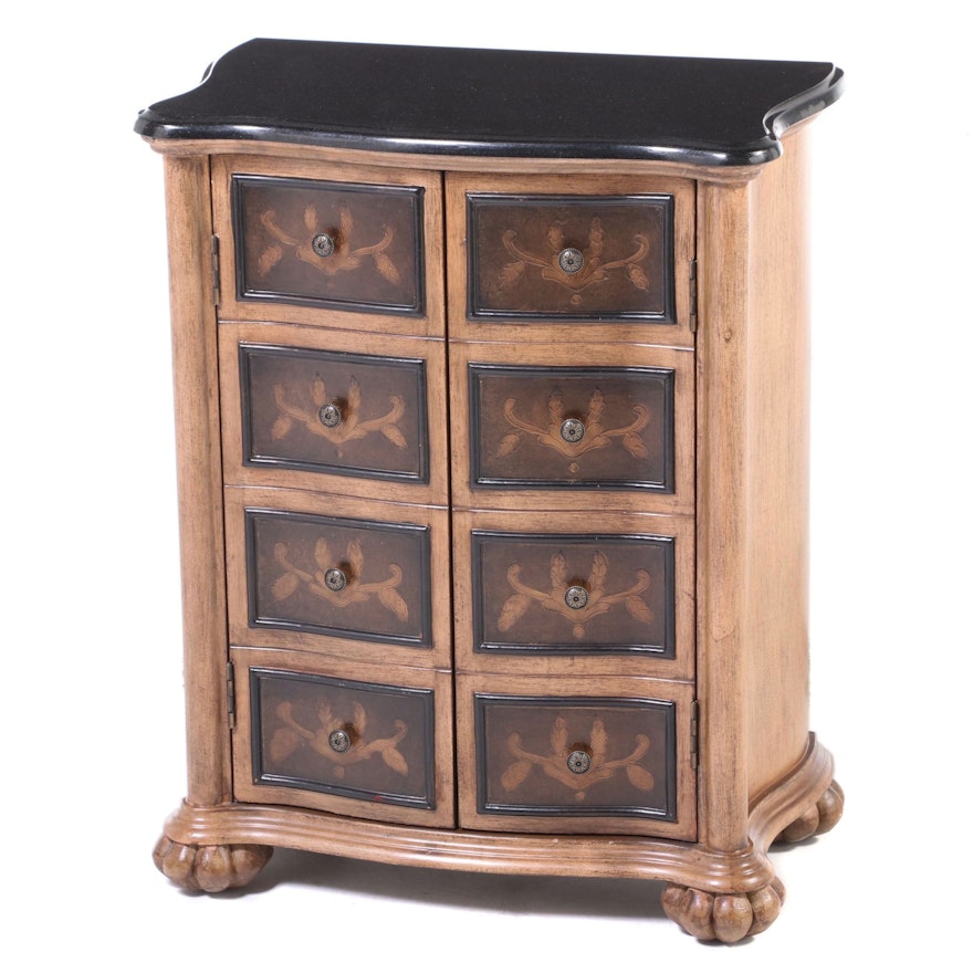 Baroque Style Parcel-Ebonized, Gilt-Decorated, and Polished Stone Side Cabinet
