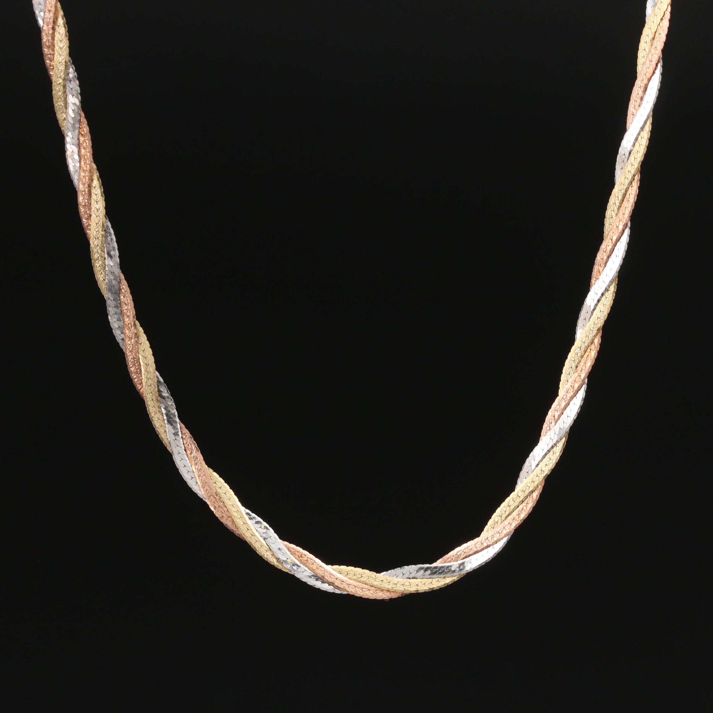 Italian 10K Tri-Color Gold Twisted Herringbone Chain Necklace