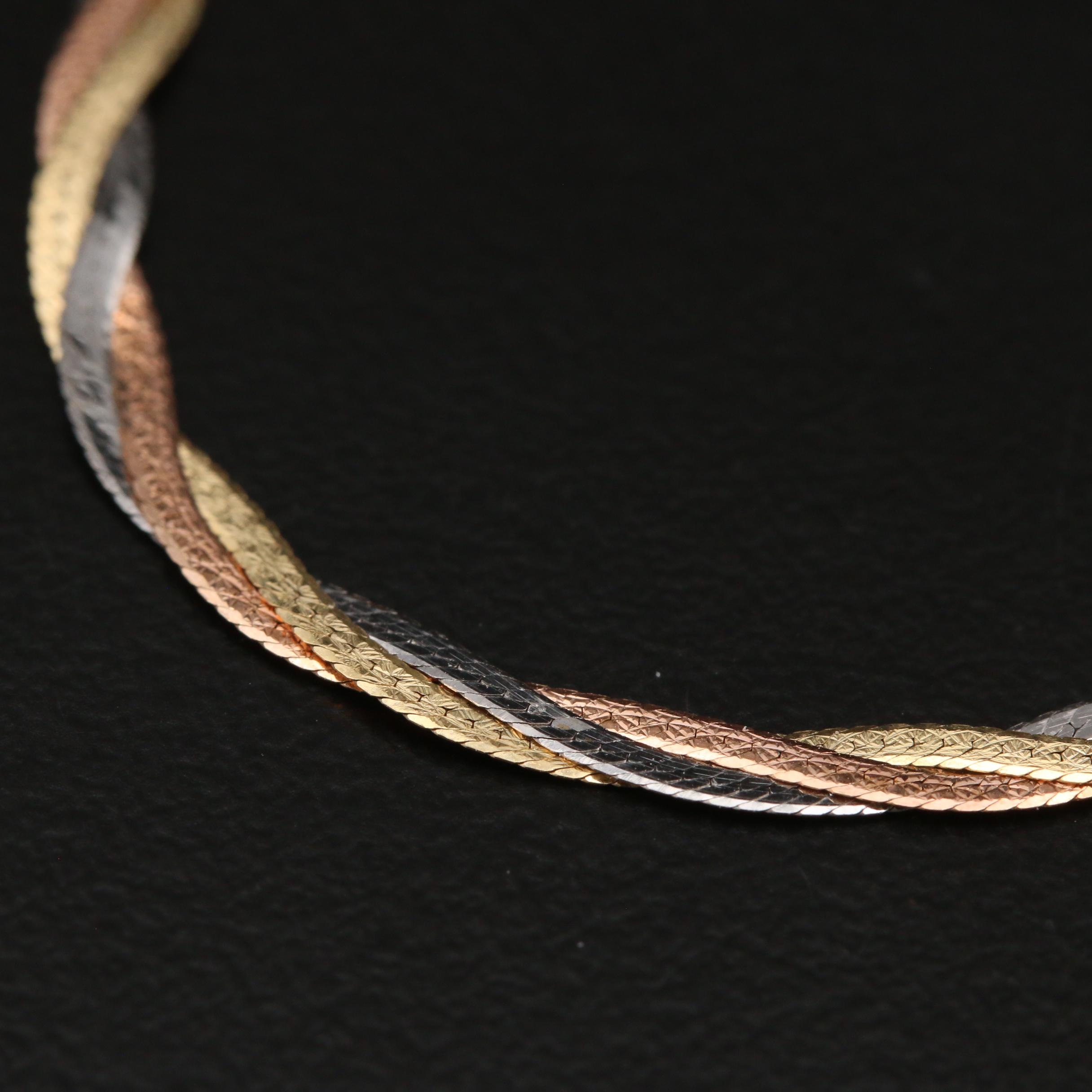 Italian 10K Tri-Color Gold Twisted Herringbone Chain Necklace