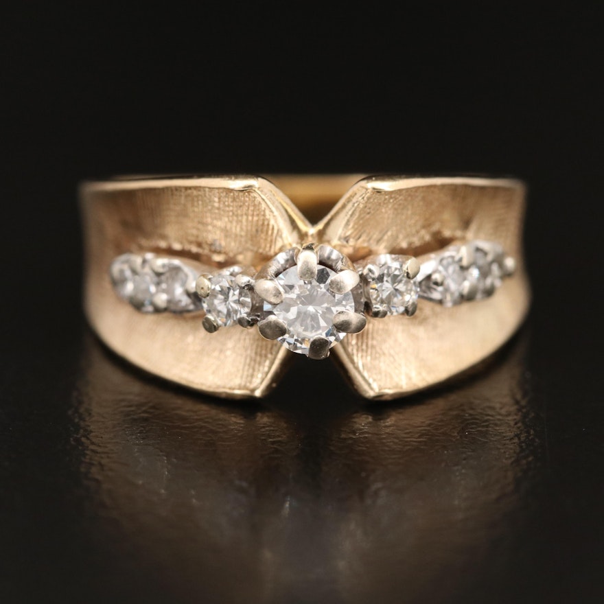 14K Diamond Concave Ring with Florentine Finish