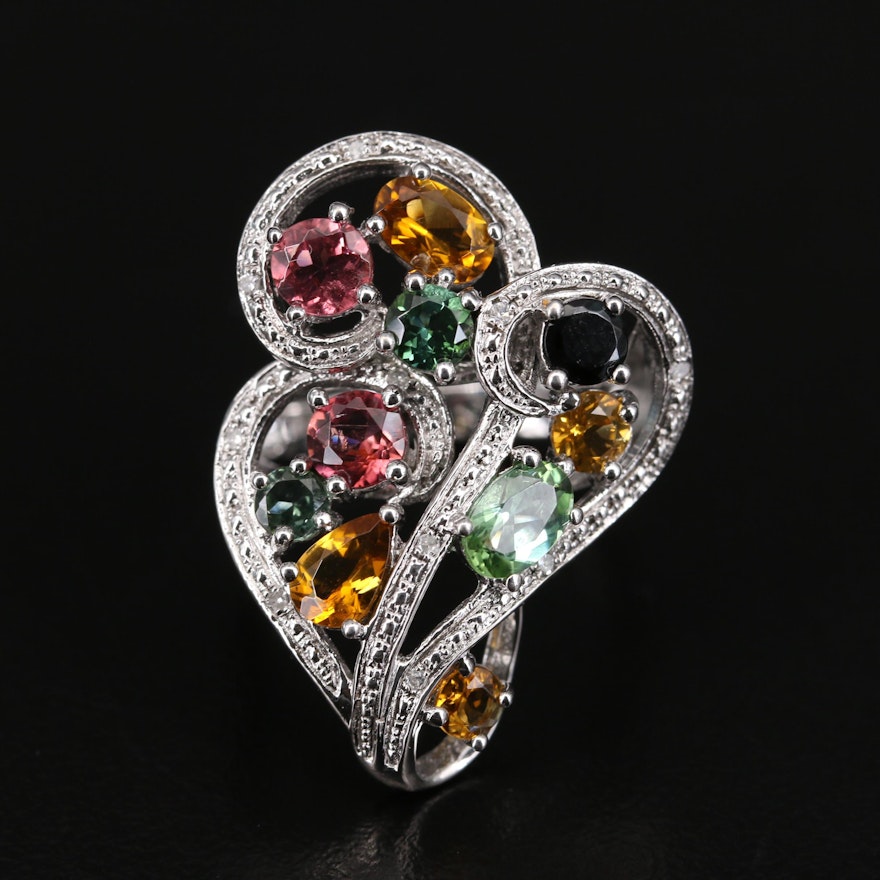 Sterling Tourmaline and Diamond Scrollwork Ring