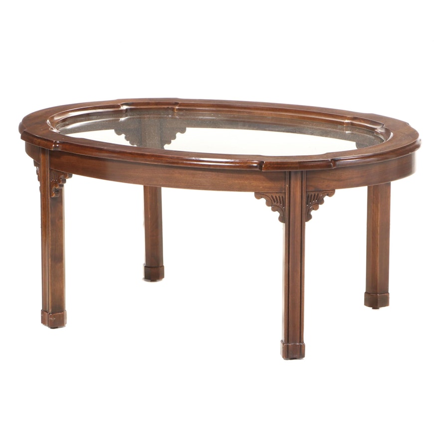 Harden Chippendale Style Cherrywood and Glass Top Coffee Table, Late 20th C.