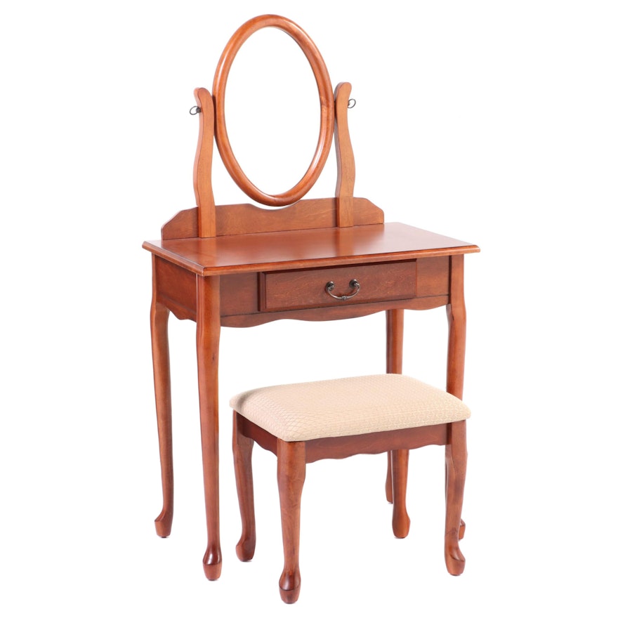 Powell Queen Anne Style Cherrywood-Stained Vanity Table and Stool