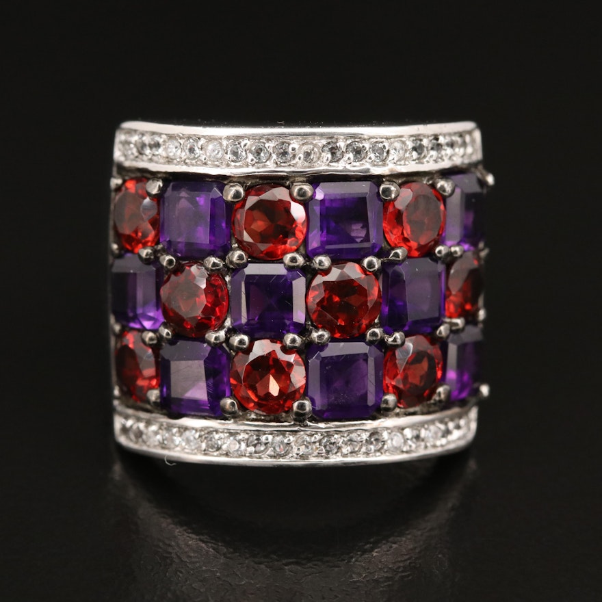 Sterling Multi-Row Ring with Amethyst, Garnet and White Topaz