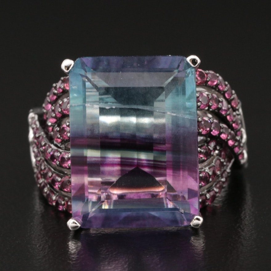 Sterling Bi-Color Fluorite and Rhodolite Garnet Ring with Twist Shoulders