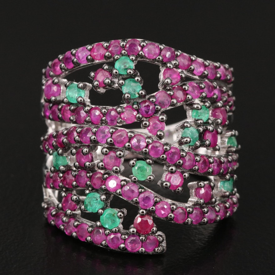 Sterling Ruby and Emerald Openwork Ring