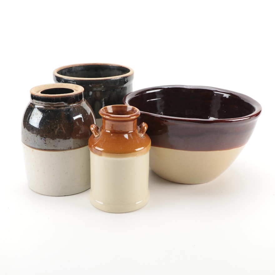 Salt Glazed Stoneware Crock, Jugs and Bowl