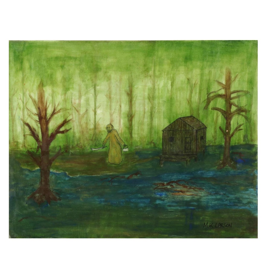 M. K. Larson Mixed Media Painting of Man Holding Knife in Swamp