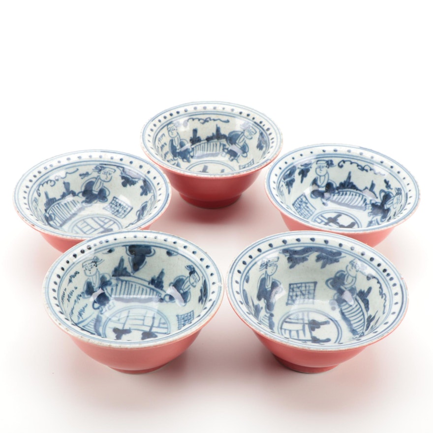 Japanese Red Ceramic Rice Bowls with Blue and White Hand-Painted Interiors