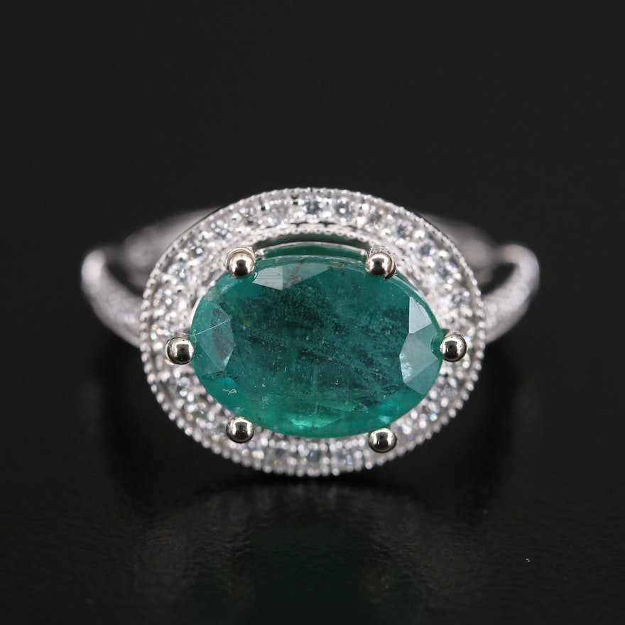 14K 3.68 CT Emerald and Diamond East-West Halo Ring