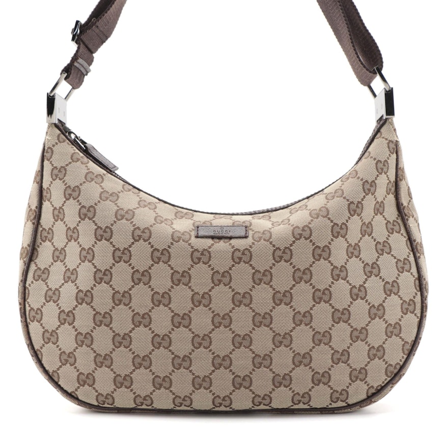 Gucci Round Messenger Bag in GG Canvas with Brown Leather Trim