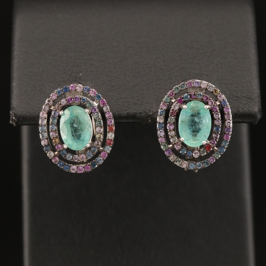 Sterling Beryl and Sapphire Double Halo Earrings