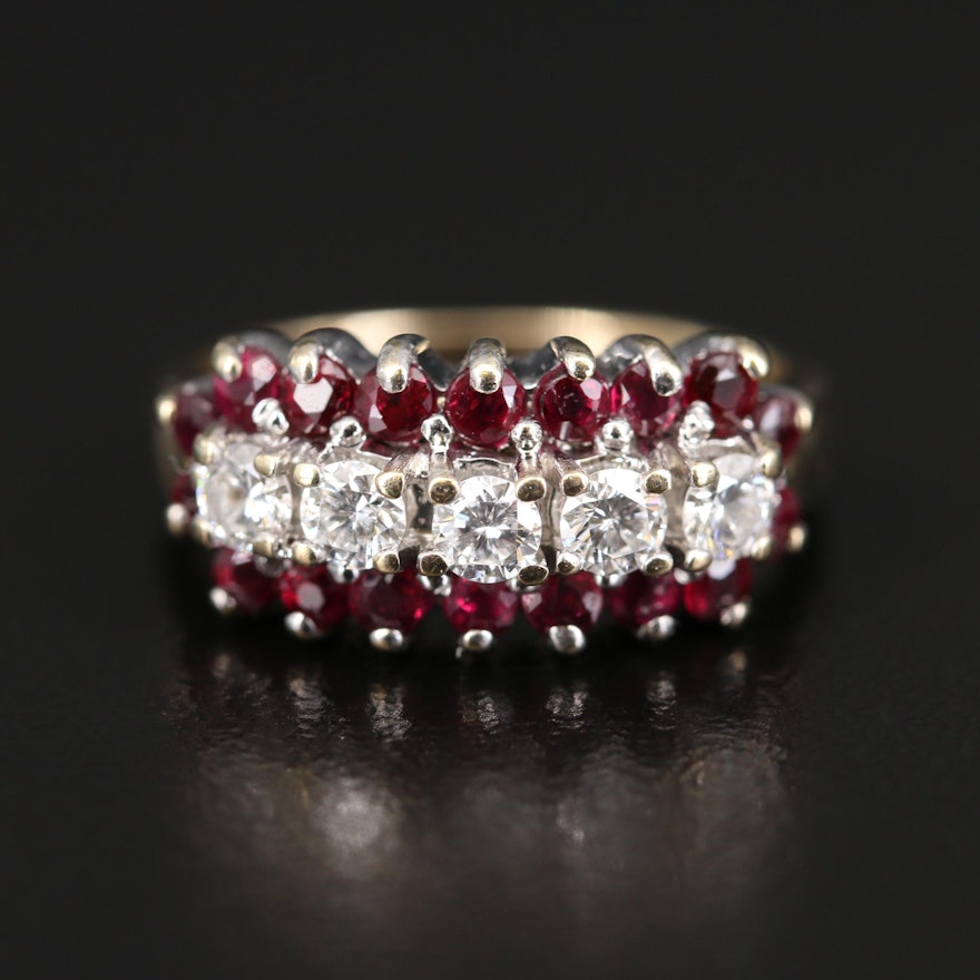 14K Diamond and Ruby Multi-Row Ring
