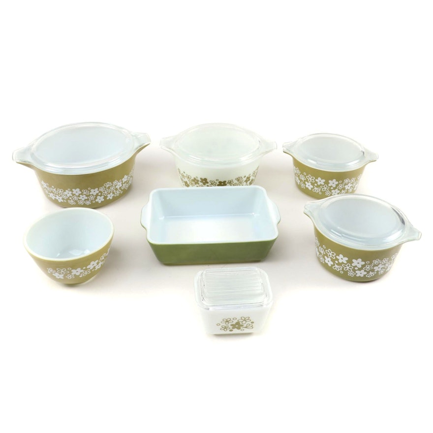 Pyrex "Spring Blossom" and Solid Green Casseroles and Mixing Bowls, 1972–1979