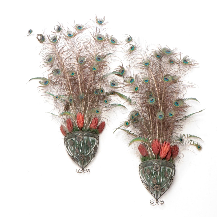 Pair of Glass and Wrought Metal Overlay Wall Pockets with Peacock Feathers