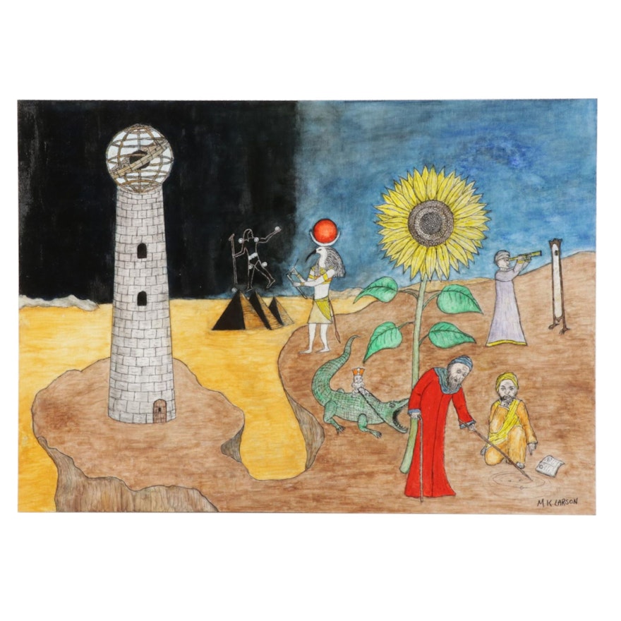 M. K. Larson Surrealist Landscape Acrylic Painting of Tower and Sunflower,