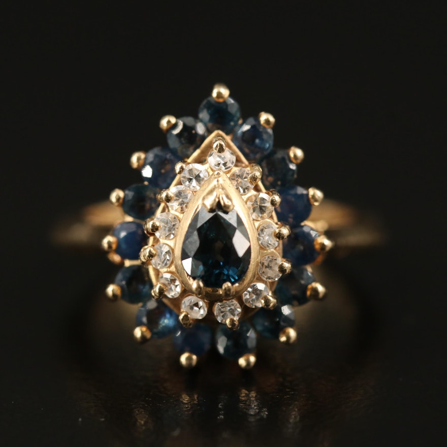 14K Sapphire and Diamond Teardrop Ring with Knife Edge Detailing