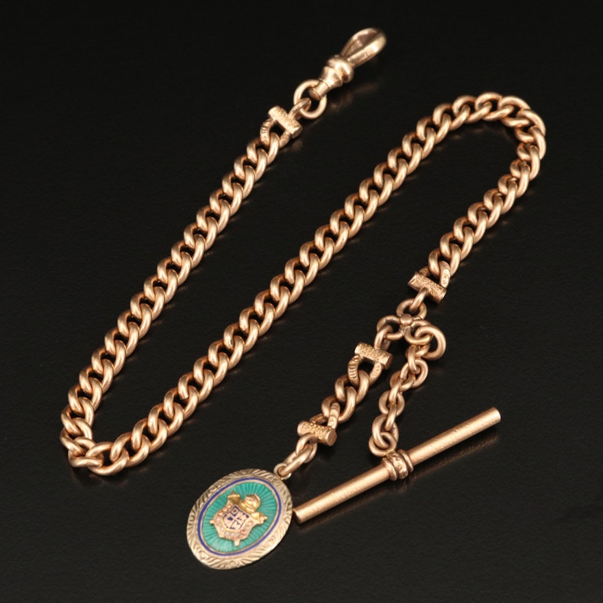 Vintage 10K Enamel and Pearl Masonic Fob on Gold Filled Watch Chain