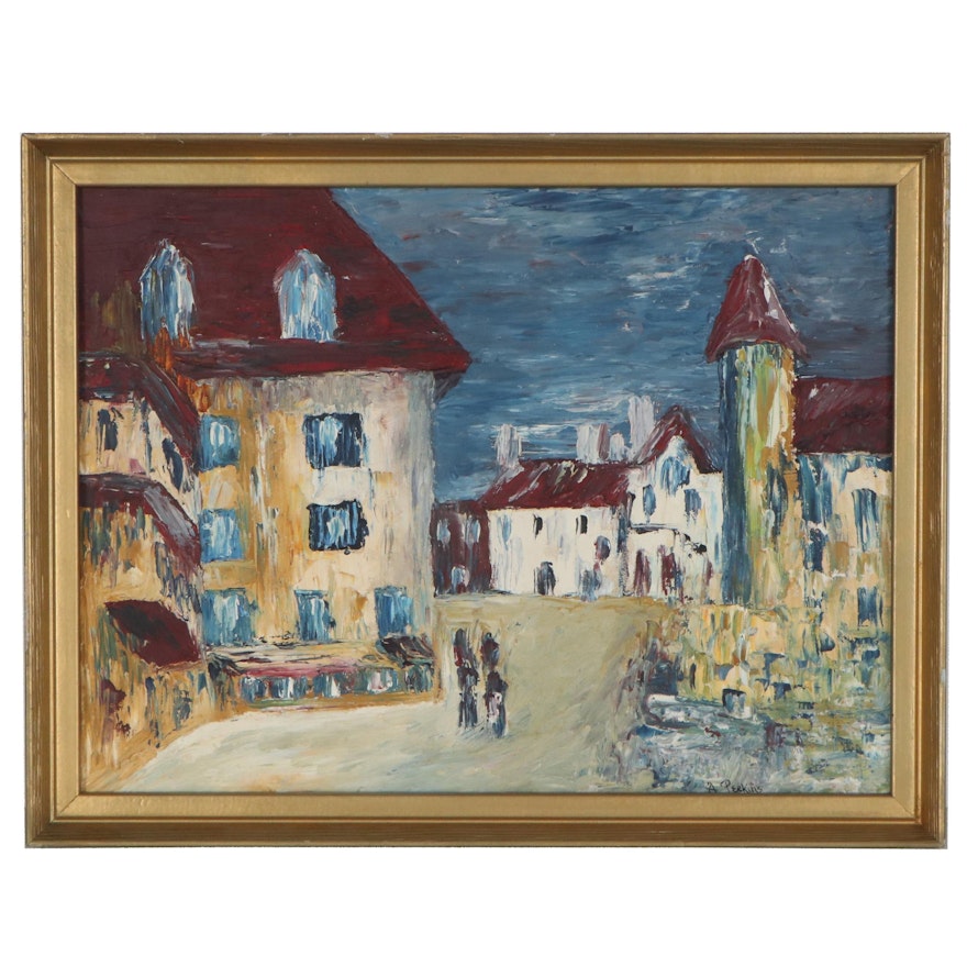 A. Perkins Abstract Cityscape Oil Painting of Village, Mid-Late 20th Century