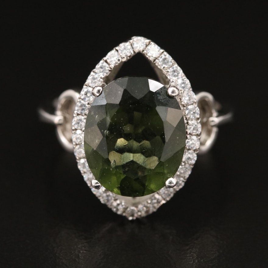 Sterling Silver Moldavite and Cubic Zirconia Navette Halo Ring