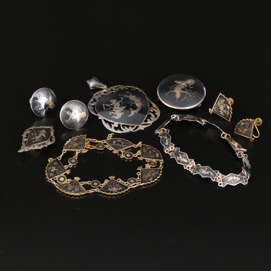 Vintage Siam Niello Sterling Jewelry with Damascene Fan Bracelet and Earrings