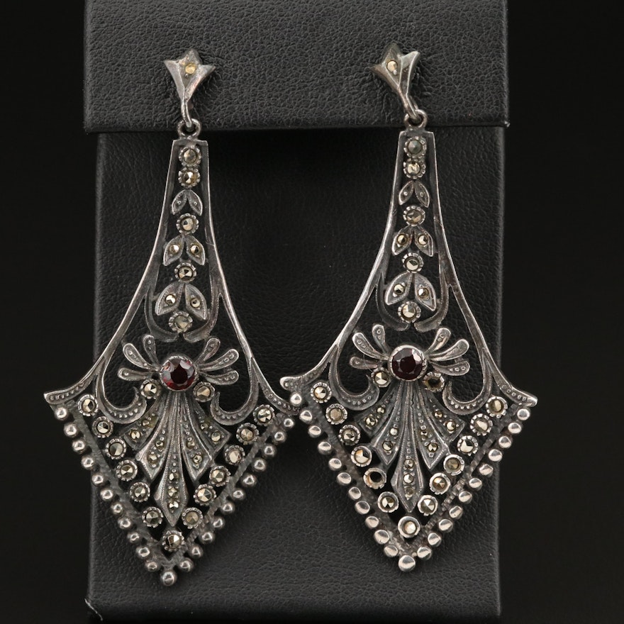 Sterling Silver Garnet and Marcasite Drop Earrings