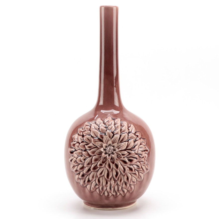 Mauve Glaze Ceramic Globular Vase with Floral Motif