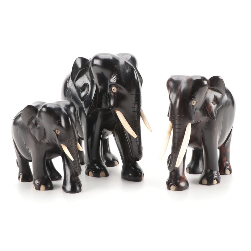 Set of Ebony Wood and Resin Elephants in Three Sizes