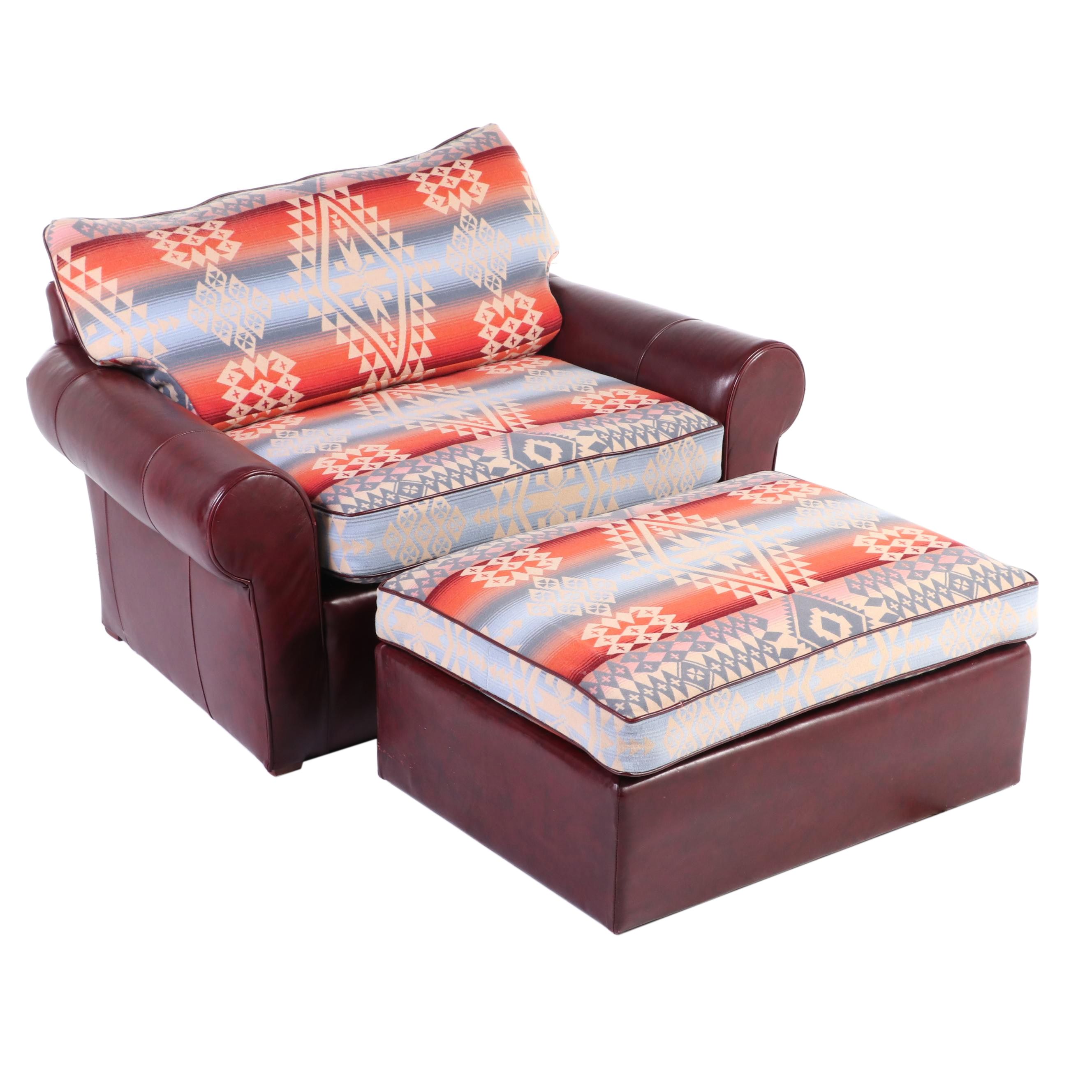Southwestern Style Rolled Arm Oversized Chair with Ottoman, Late 20th Century