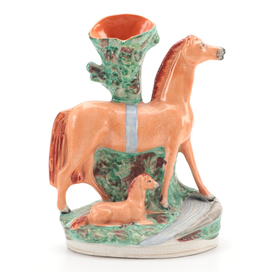 Staffordshire Horse with Foal Spill Vase, Mid-19th Century
