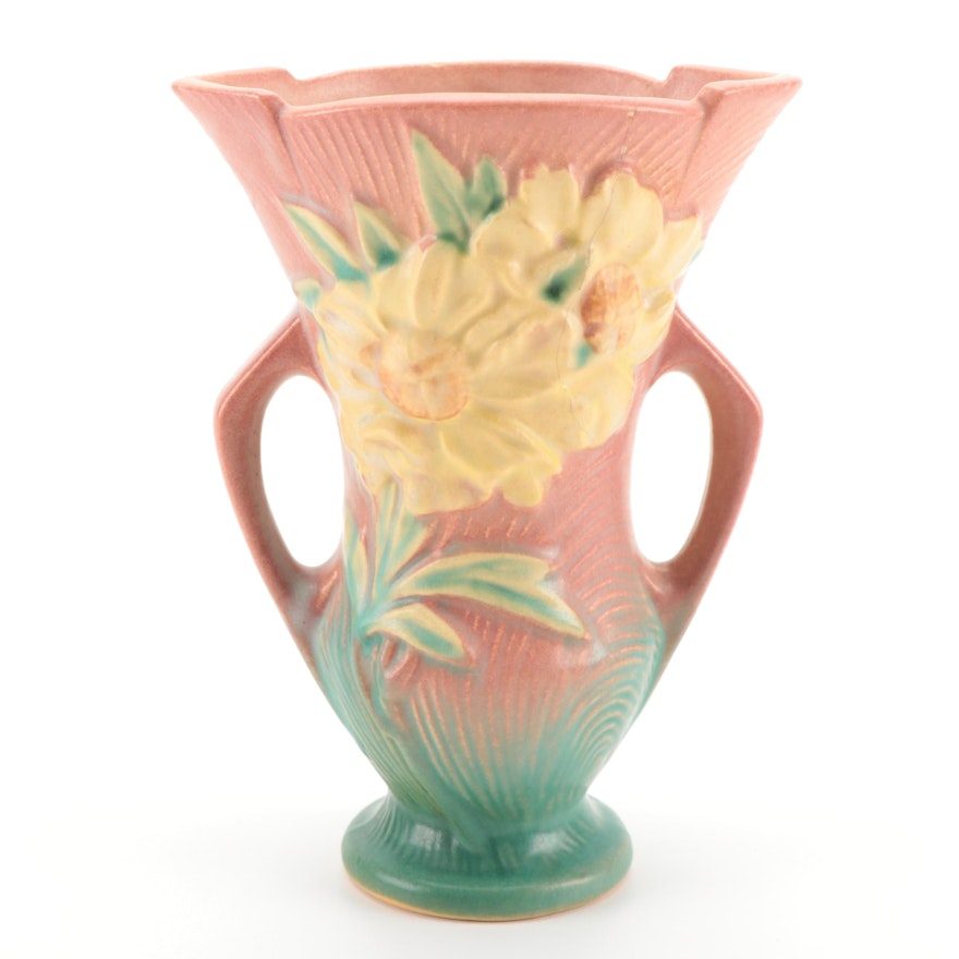 Roseville Pottery "Peony" Handled Vase, 1940s