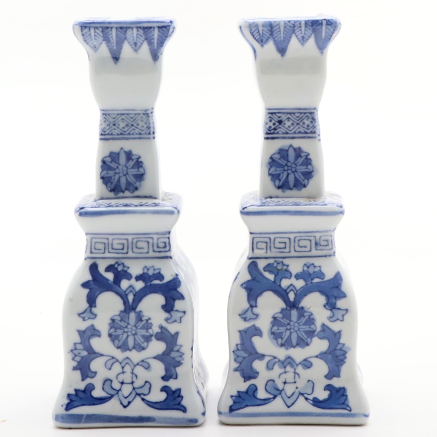 Blue and White Ceramic Candlesticks, Late 20th to 21st Century