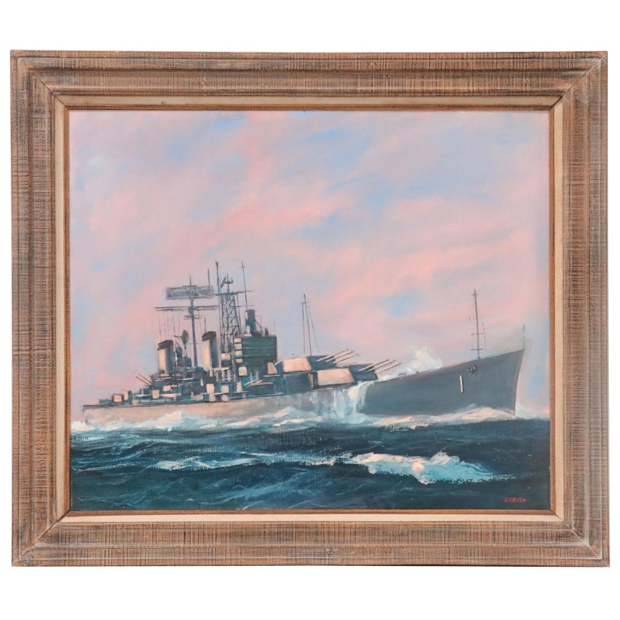 Joseph Ryan Corish Nautical Oil Painting of Battleship, Mid-Late 20th Century