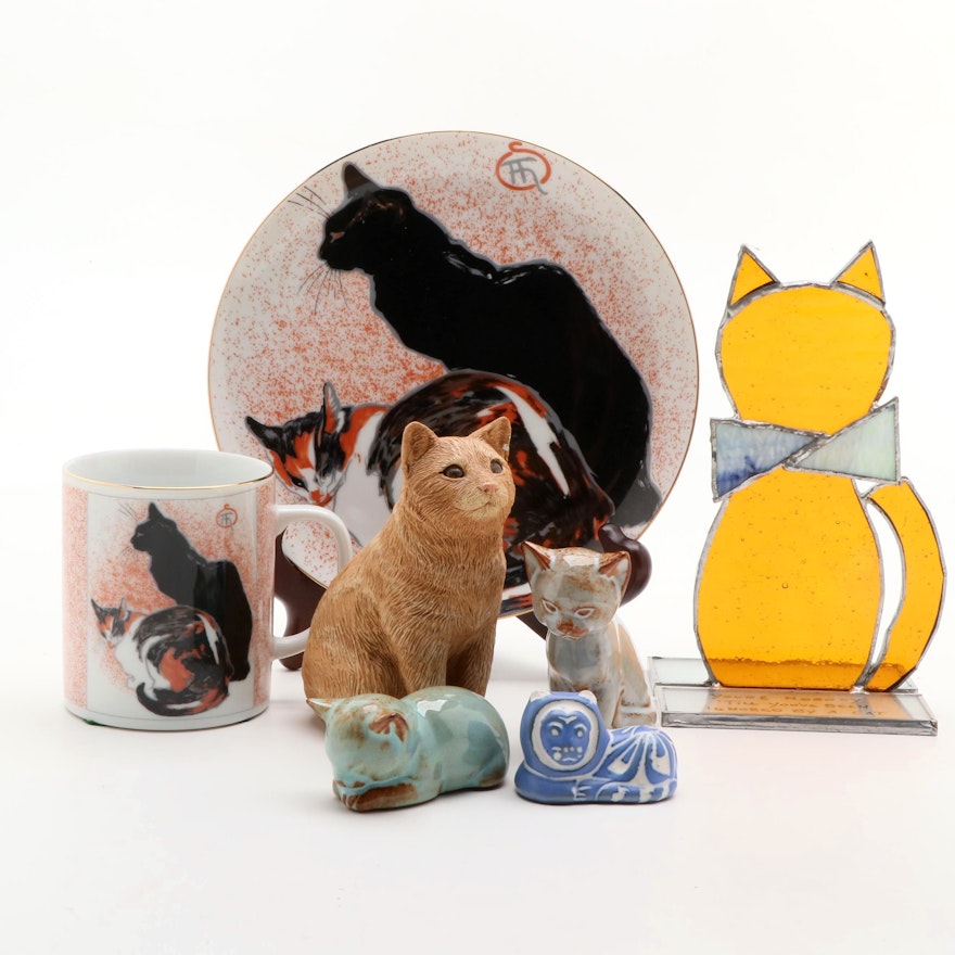 Museum of Fine Arts Cat Plate and Mug with Other Cat Plates and Figurines