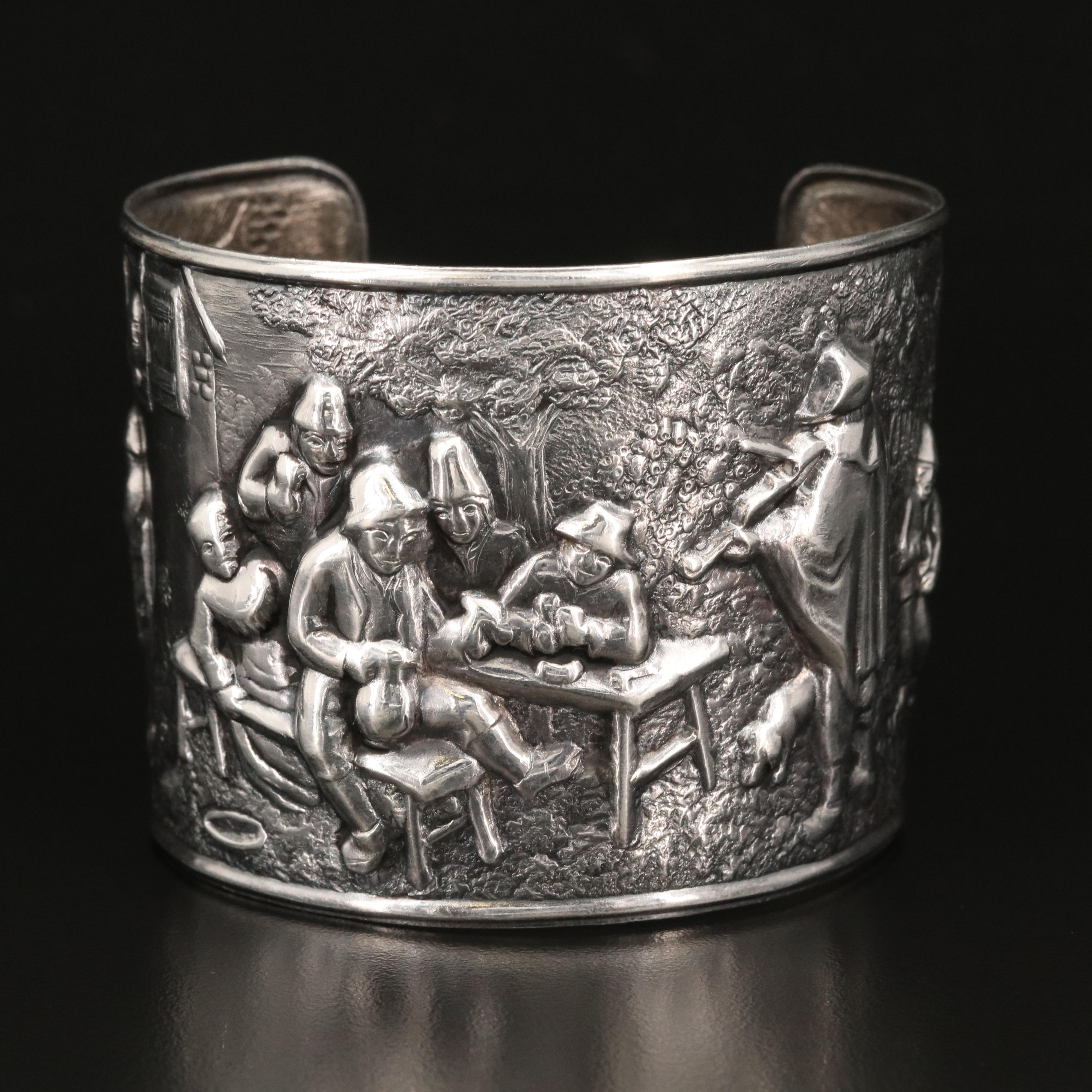 Vintage Danish Hans Jensen Repoussé Tavern Scene Cuff
