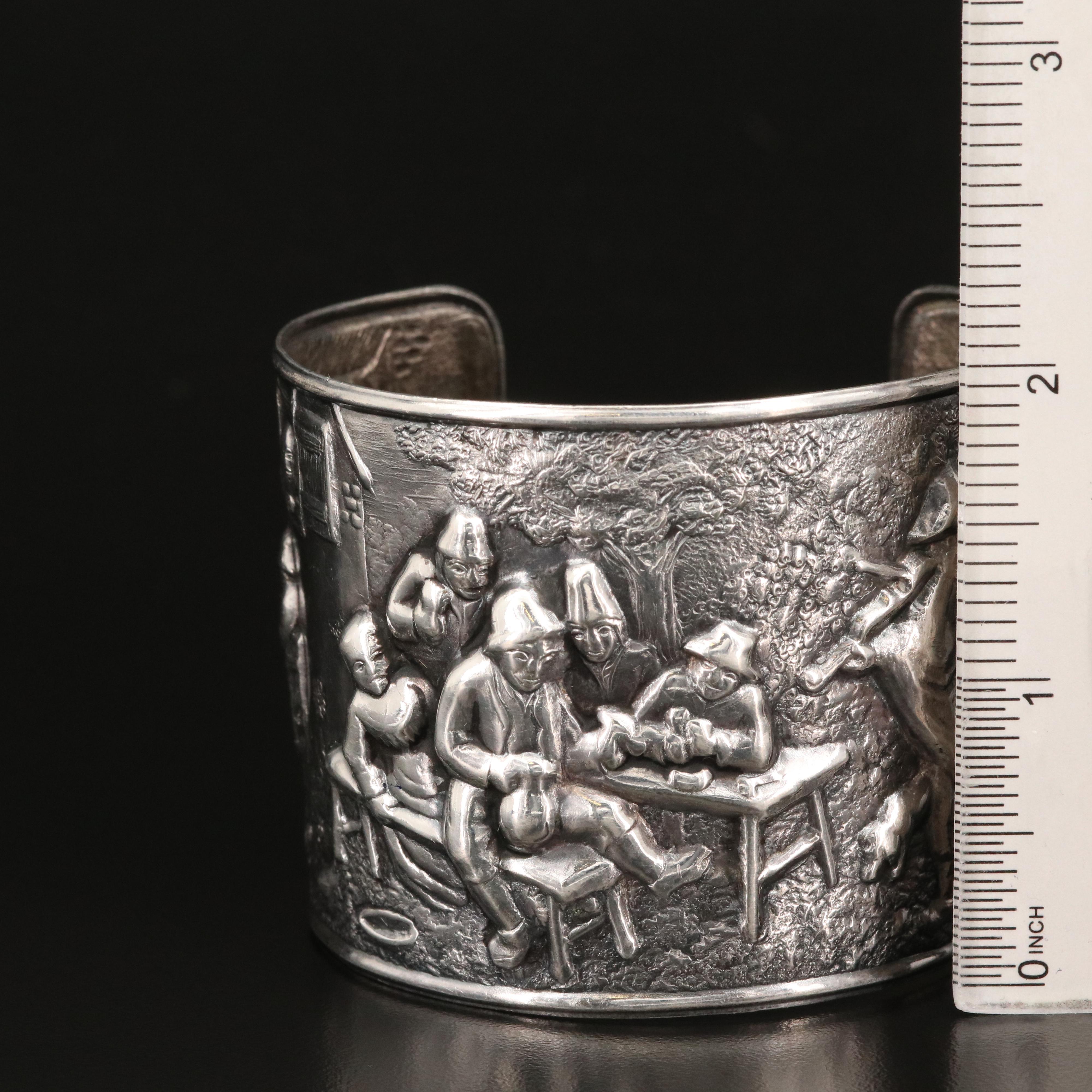 Vintage Danish Hans Jensen Repoussé Tavern Scene Cuff
