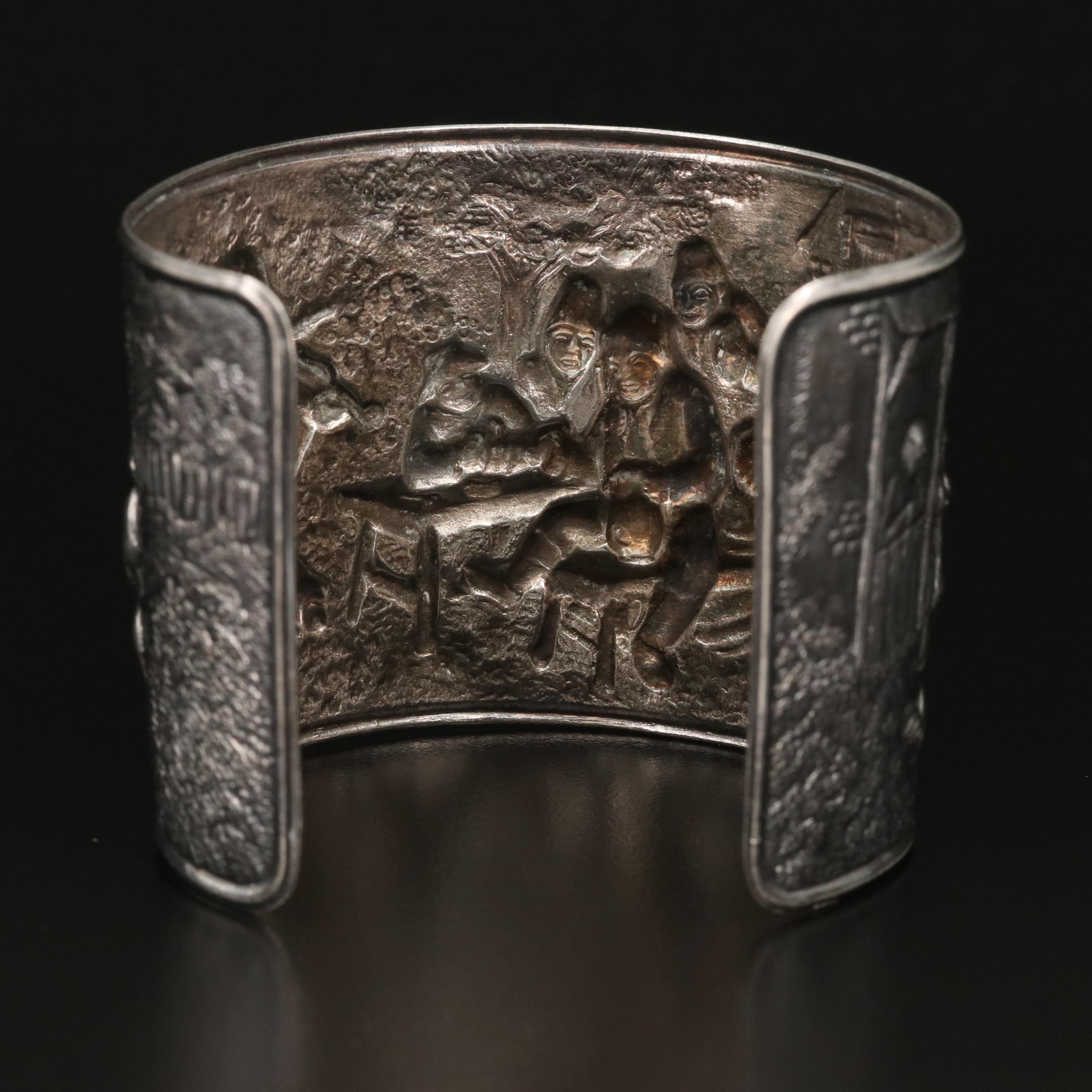 Vintage Danish Hans Jensen Repoussé Tavern Scene Cuff