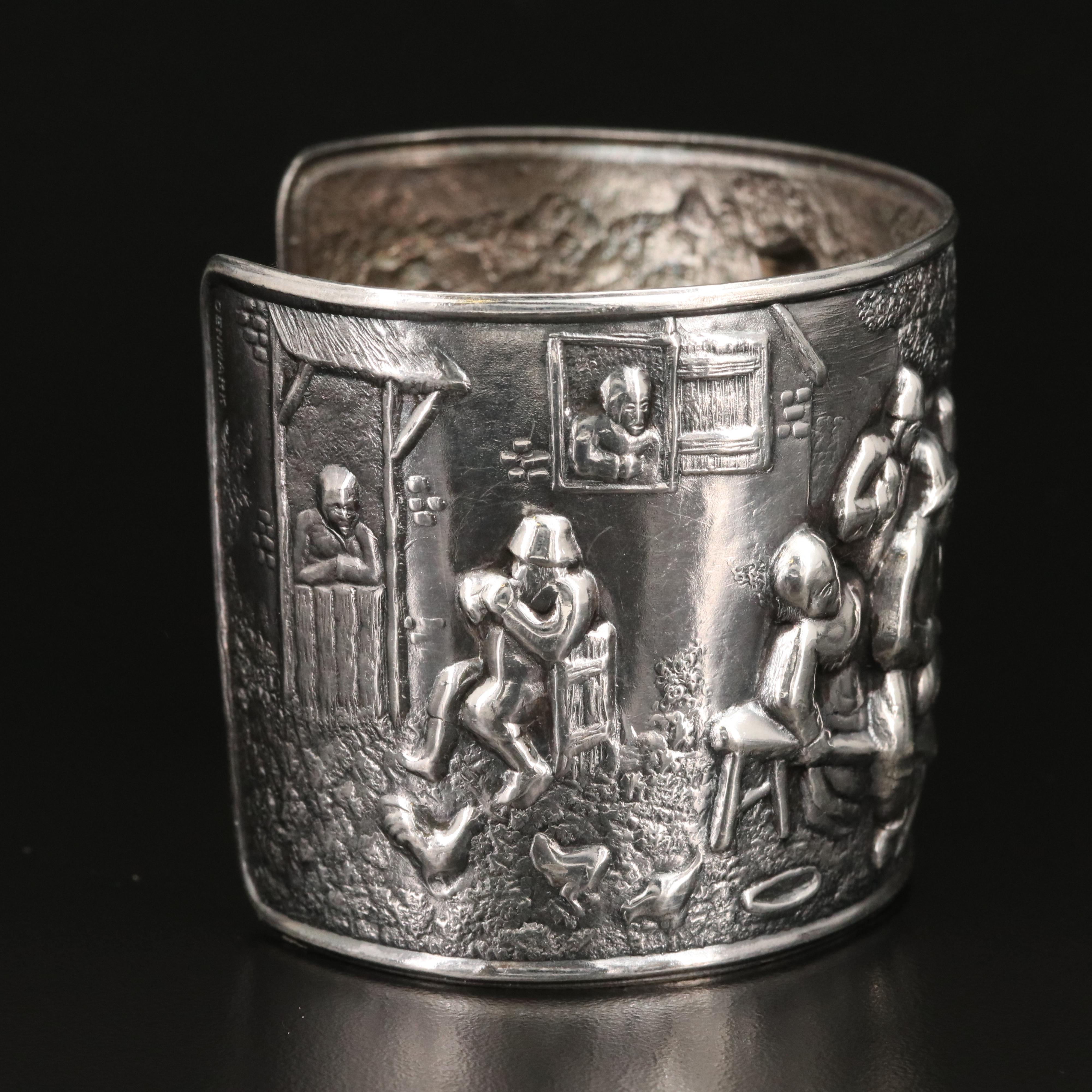 Vintage Danish Hans Jensen Repoussé Tavern Scene Cuff