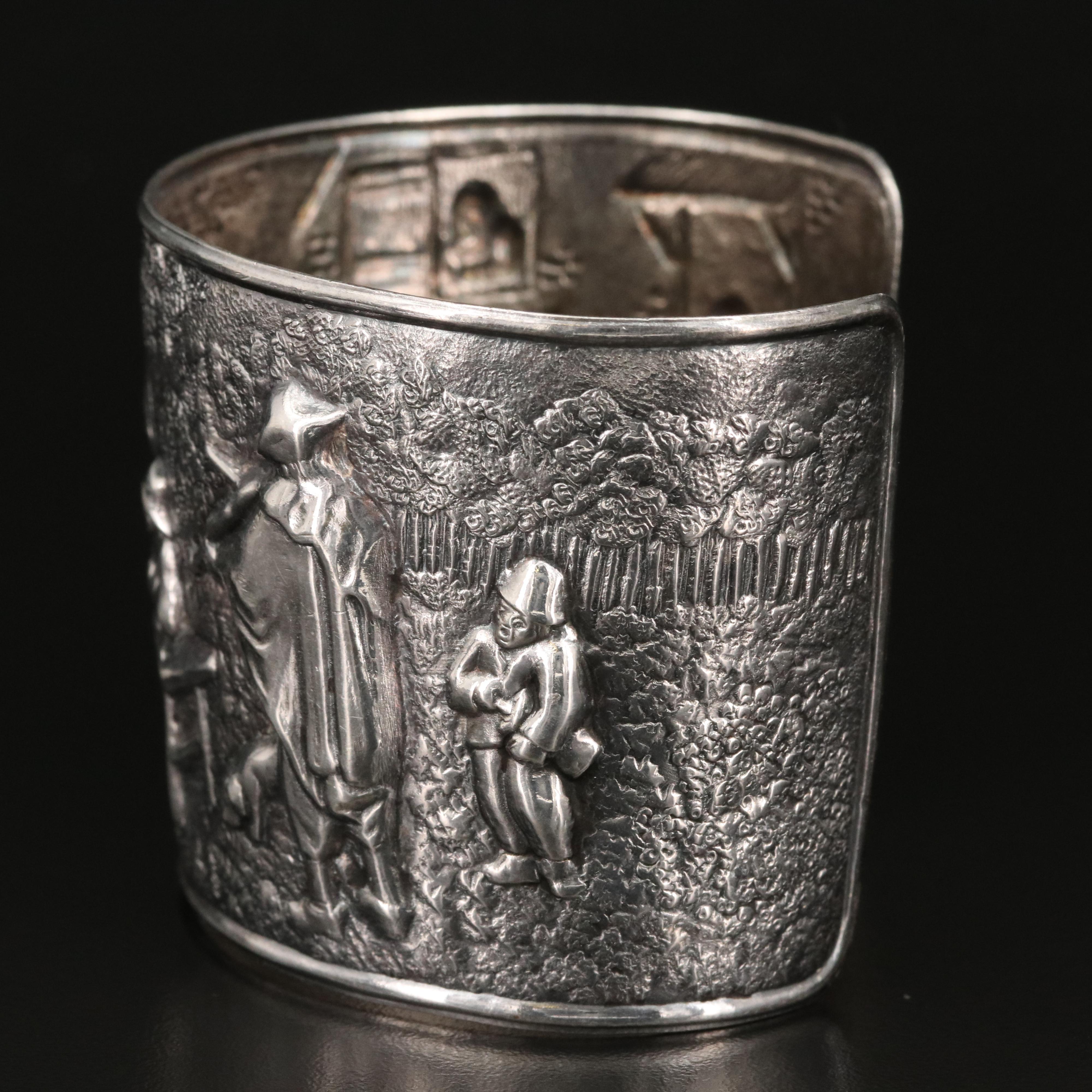 Vintage Danish Hans Jensen Repoussé Tavern Scene Cuff