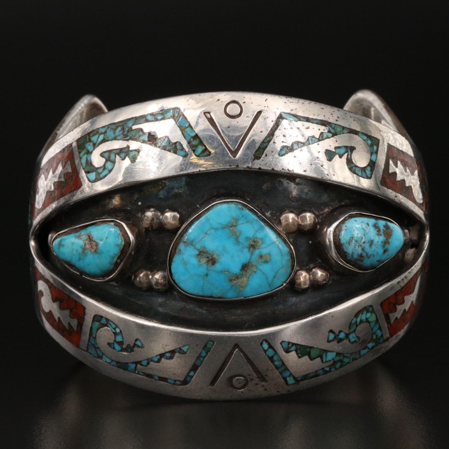 Southwestern Sterling Turquoise and Coral Cuff with Stampwork Accents