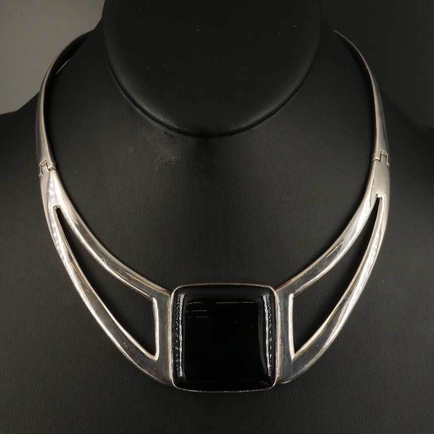 Modernist Style Sterling Black Onyx Necklace
