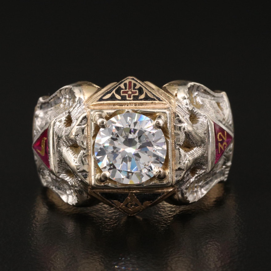 Vintage 14K Cubic Zirconia and Ruby Masonic Scottish Rite Ring